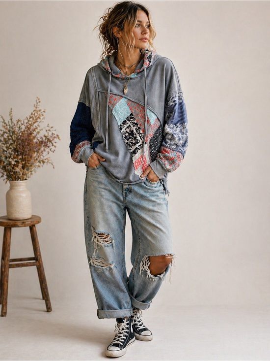 gimmicks by BKE Tops - gimmicks by BKE Patchwork Gray Hoodie with Multicolor Accents Size Medium